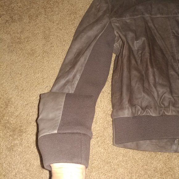 Hinge: Brown Genuine Leather Jacket With Knit Trim - Women's Size Small - Picture 9 of 15